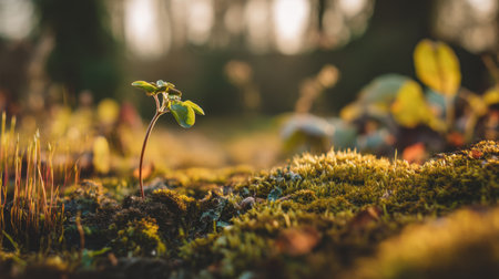 A small green plant emerges from a bed of moss in a sunlit forest. The soft light creates a tranquil atmosphere, symbolizing growth and renewal in nature.の素材
