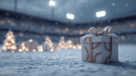 A beautifully wrapped gift box with a baseball theme sits in a snowy baseball field, surrounded by twinkling Christmas lights and trees, capturing the magic of winter celebrations.の素材
