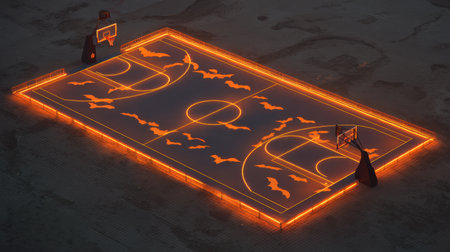 Unique aerial view of an illuminated basketball court design featuring neon lines and bat patterns, perfect for nighttime sports photography and urban art themes.の素材