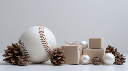 This image features a baseball next to pinecones and elegant gift boxes with ornaments, capturing a unique blend of sports and holiday spirit in a minimalist setup.の素材