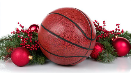 A festive basketball rests among red ornaments and green pine, creating a vibrant scene for holiday sports celebrations. Ideal for showcasing seasonal cheer and fun.の素材