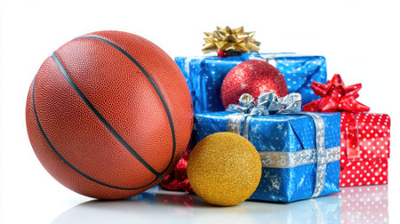 A vibrant and festive arrangement of a basketball alongside beautifully wrapped gifts and holiday ornaments, perfect for celebrating sports moments during festive occasions.の素材