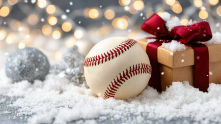 A baseball sits next to a beautifully wrapped gift box surrounded by snow and festive decorations, creating a perfect blend of winter charm and sporting spirit for holidays.の素材