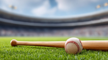Close-up of a baseball bat and ball resting on lush green grass, set against a blurred stadium backdrop, ideal for showcasing the spirit of sports and teamwork.の素材