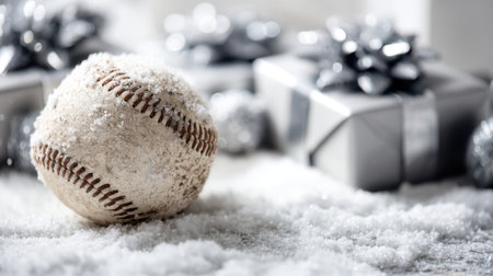 A beautiful winter scene featuring a baseball resting on white snow with elegant silver gifts, creating a playful yet cozy atmosphere ideal for holiday themes.の素材