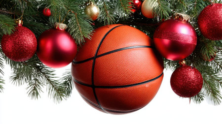 A captivating image showcasing a basketball nestled among vibrant red baubles on lush evergreen branches, embodying the festive spirit of the holiday season.の素材