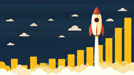 A vibrant illustration depicting a rocket launching amidst clouds and rising graph bars, symbolizing growth, success, and innovative spirit in business and finance.の素材