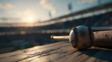 A close-up view of a vintage baseball resting beside a wooden bat on a weathered table, capturing a serene sunset atmosphere over a blurred sports field.の素材