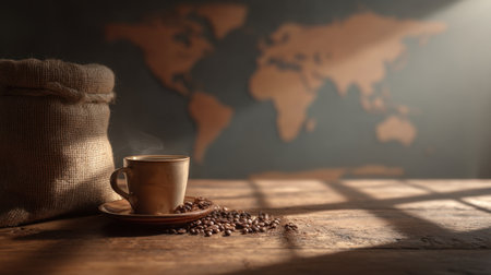 A warm cup of coffee rests on a rustic wooden table beside coffee beans, with a softly lit world map in the background, creating a cozy and inviting atmosphere.の素材