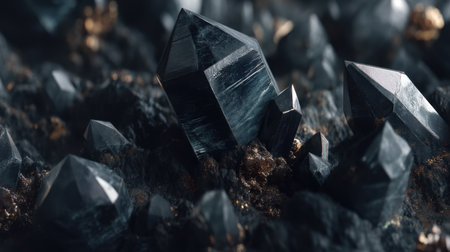 A captivating close-up of dark crystals emerging from a rich mineral background, showcasing the intricate textures and captivating shine that nature can create.の素材