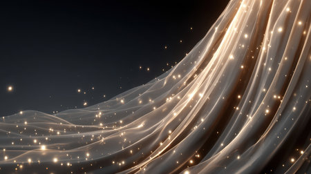 This stunning image showcases the delicate flow of silk fabric adorned with golden sparkles, creating a mesmerizing abstract visual suitable for art and design projects.の素材