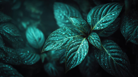 A stunning close-up image showcasing fresh green leaves adorned with water droplets, highlighting the intricate textures and vibrant colors found in nature's beauty.の素材