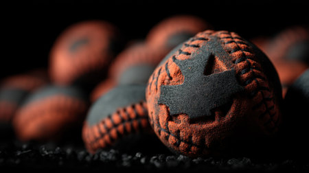Close-up view of Halloween decorative balls featuring pumpkin designs in orange and black colors, ideal for creating a festive atmosphere during autumn celebrations.の素材