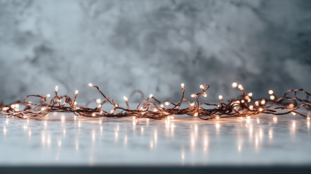 A close-up view of warm glowing fairy lights arranged on delicate brown wire laid across a reflective marble surface, creating a serene and festive ambiance perfect for any occasion.の素材