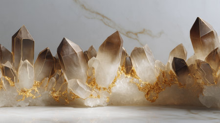 An exquisite close-up of a crystal formation featuring sharp, natural edges and warm earthy tones, perfect for enhancing design, decor, or artistic projects.の素材