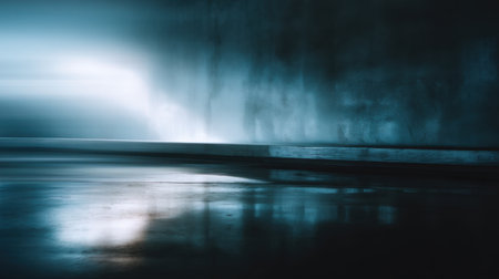 This captivating image showcases an abstract dark space with a smooth reflective surface, exuding a tranquil atmosphere through soft gradient lighting effects.の素材