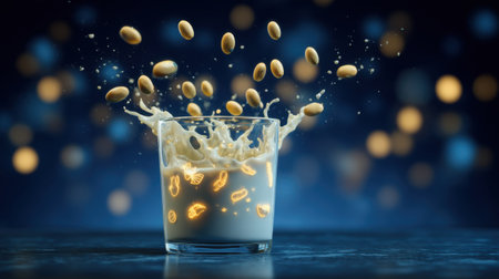 A mesmerizing splash of milk captures floating nuts above a glass, showcasing energy and vibrancy against a beautifully blurred blue background.の素材