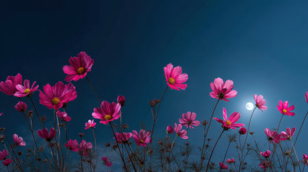 A stunning view of blooming cosmos flowers reaching for the night sky, illuminated by a full moon, creates a tranquil and serene atmosphere in nature.の素材