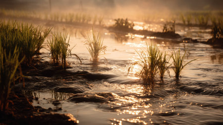 A tranquil morning scene showcasing rice fields enveloped in mist, with shimmering water reflections and warm sunlight casting a golden glow over lush green grass.の素材
