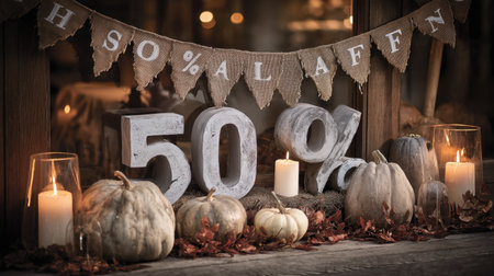Capture the essence of autumn with a cozy storefront featuring pumpkins and candles, highlighted by a burlap banner announcing a special 50 percent discount.の素材