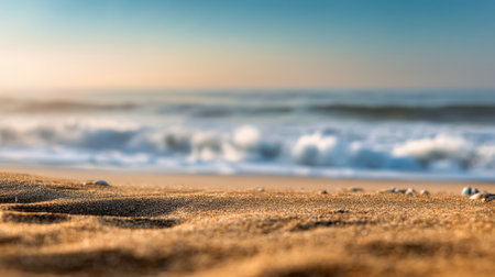 An inviting beach view captures the soft sand and gentle waves under a beautiful sunrise. This serene scene creates an ideal atmosphere for relaxation and escape.の素材