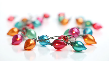 A collection of colorful Christmas light bulbs shines softly against a white background, bringing a joyful and festive atmosphere perfect for holiday decorations.の素材