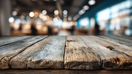 A rustic wooden table displays its weathered texture against a beautifully blurred background in a lively cafe setting, ideal for food or social gatherings.の素材