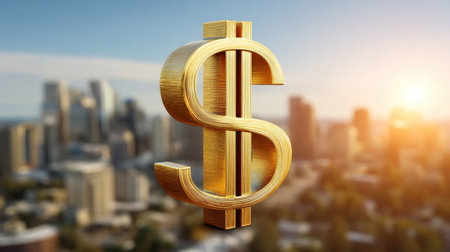 A golden dollar symbol stands prominently against a stunning urban skyline at sunset, illustrating themes of wealth and success in a visually captivating manner.の素材