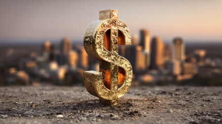This striking image features a golden dollar symbol set against a blurred urban skyline, representing themes of finance, wealth, and opportunity in modern business.の素材
