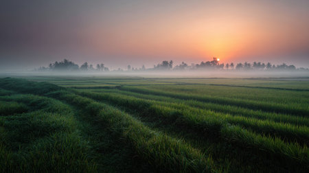 A beautiful sunrise illuminates misty rice fields, creating a peaceful atmosphere in nature. Lush greenery contrasts with the vibrant sky, showcasing tranquility.の素材