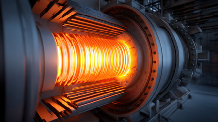 Close-up view of an industrial furnace with glowing coils, illustrating advanced heat transfer technology in a manufacturing environment focused on energy efficiency.の素材