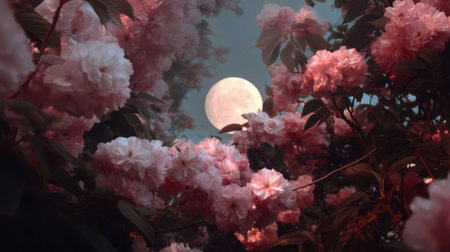 A serene night scene featuring a full moon illuminating lush pink flowers, creating a dreamy and peaceful atmosphere in nature's elegant beauty.の素材