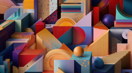 Explore a stunning abstract geometric composition filled with vibrant colors and textured layers showcasing a playful arrangement of shapes and patterns.の素材
