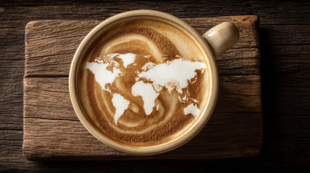 Explore a beautifully crafted coffee cup featuring a world map in the foam, set against a rustic wooden background, ideal for coffee enthusiasts and travelers.の素材