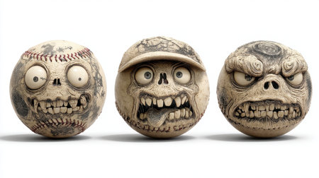 A unique collection of creepy baseballs showcasing distinct zombie faces with varied expressions. Perfect for art enthusiasts, sports fans, and horror themes.の素材