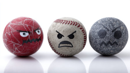 A set of creatively designed balls featuring expressive angry faces, showcasing vibrant colors and varied textures, perfect for art, games, or playful decor.の素材
