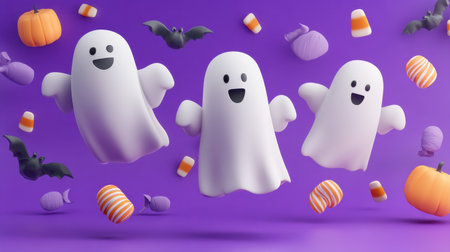 A lively Halloween scene featuring three cheerful 3D ghosts surrounded by candy, pumpkins, and playful bats against a bright purple backdrop, perfect for festive designs.の素材