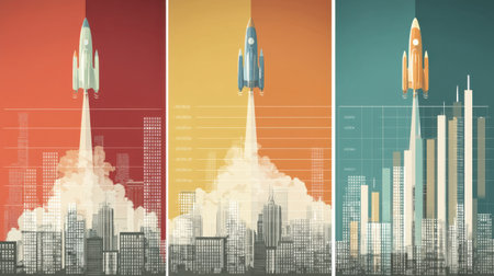 This vibrant illustration depicts a rocket launching against a stylized city skyline, symbolizing technological advancement and growth in a modern urban environment.の素材