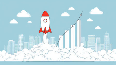 A colorful rocket launches from clouds against a city skyline, symbolizing ambition, success, and business growth with an upward trend chart in this modern vector illustration.の素材