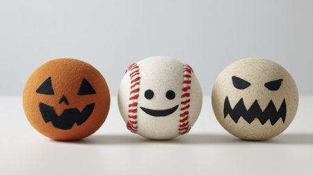 A delightful trio of Halloween themed sport balls featuring a pumpkin, a smiley face, and a monster, perfect for festive sports activities and creative decorations.の素材