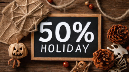 Captivating chalkboard displaying a 50% holiday discount, artfully surrounded by rustic decorations like pinecones and pumpkins, ideal for autumn promotions.の素材