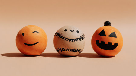 A vibrant arrangement of decorative balls showcasing charming expressions, including a smiley face and a Halloween pumpkin, perfect for seasonal craft projects.の素材