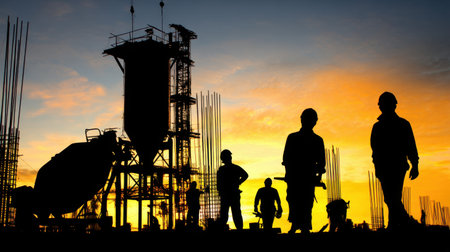 A dramatic silhouette of construction workers against a vibrant sunset, showcasing an industrial environment with cranes, tools, and ongoing projects.の素材