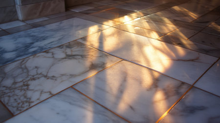A mesmerizing view of marble flooring reflecting warm sunlight, creating beautiful patterns and textures. This image evokes elegance and tranquil ambiance in interiors.の素材