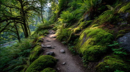 A stunning view of a serene forest trail surrounded by lush greenery and soft morning light. The pathway invites peaceful exploration amidst moss and ferns.の素材