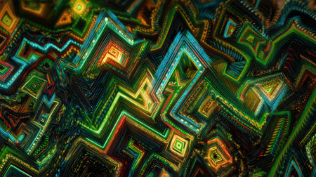 Discover a vibrant abstract digital landscape filled with intricate patterns and bright colors, showcasing the intersection of modern art and technology in a stunning visual display.の素材