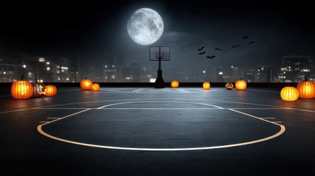 A hauntingly beautiful basketball court illuminated by a full moon, surrounded by glowing pumpkins and flying bats, evoking a magical Halloween atmosphere.の素材