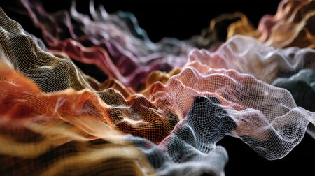 This mesmerizing abstract 3D digital artwork showcases flowing waves in vivid colors, featuring a unique network texture on a dramatic black background, perfect for technology themes.の素材