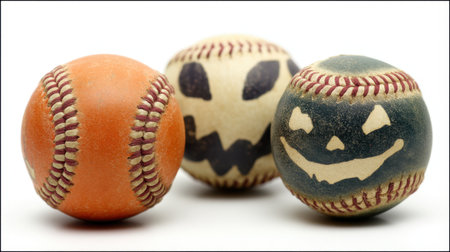 This vibrant trio of Halloween-themed baseballs features unique spooky faces, making them ideal for festive sports events or as cheerful Halloween decorations.の素材
