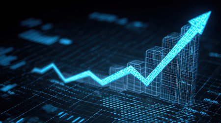 A captivating digital graph showcases a rising trend in a technology-driven financial environment, symbolizing growth and success through innovative visual elements.の素材